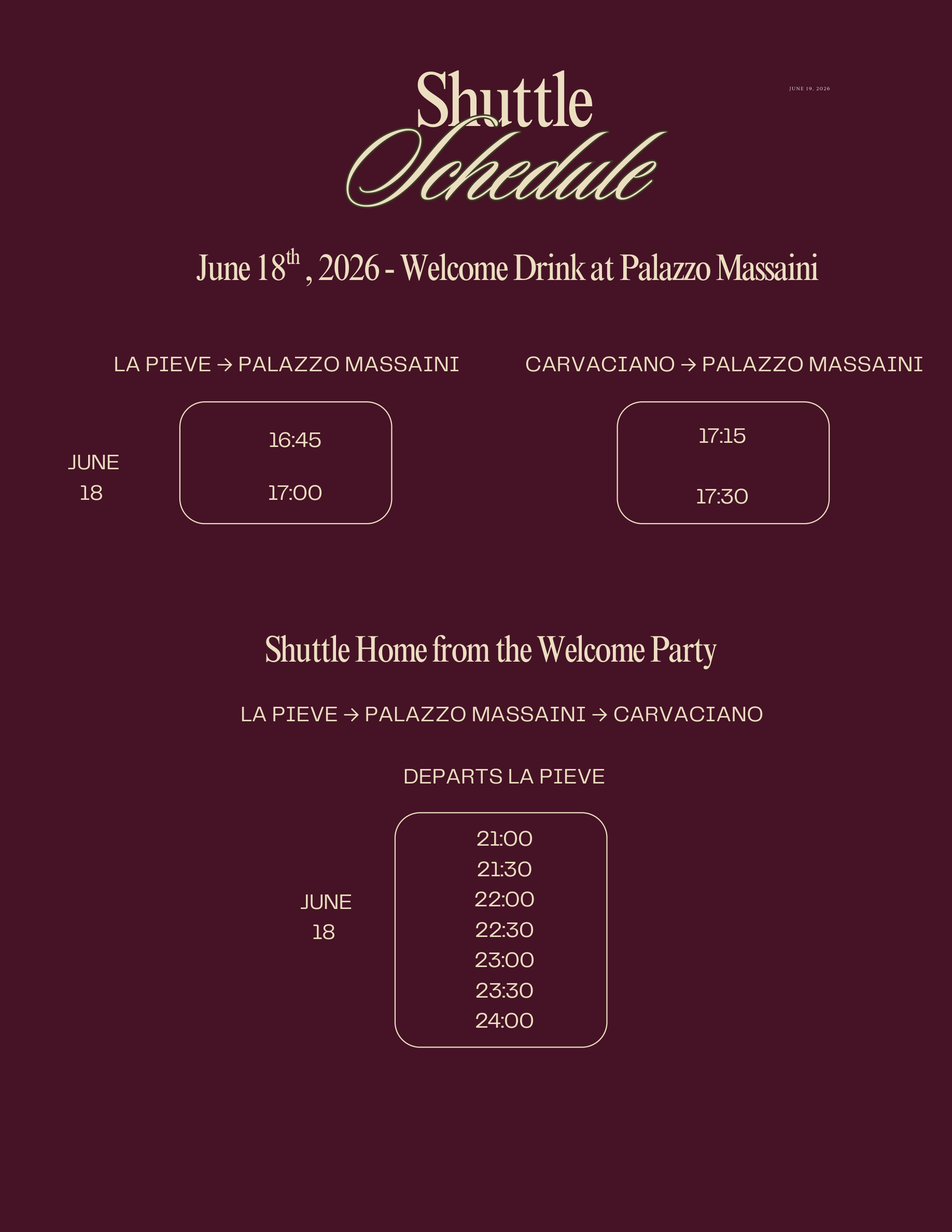 Shuttle schedule for Thursday, June 18 — Welcome Drink at Palazzo Massaini