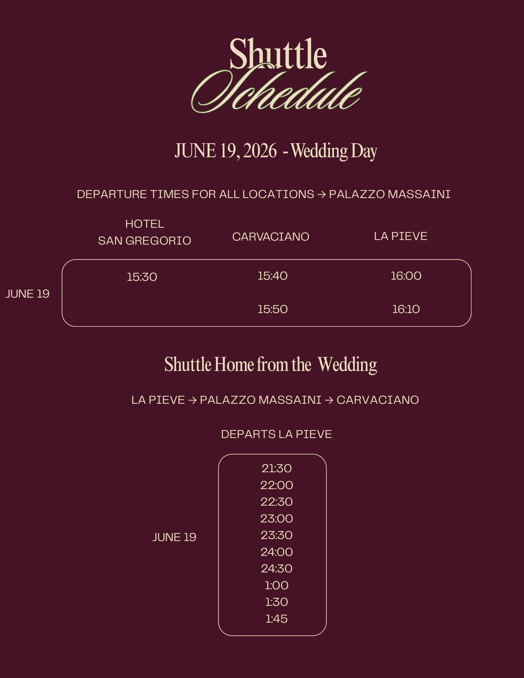 Shuttle schedule for Friday, June 19 — Wedding Day