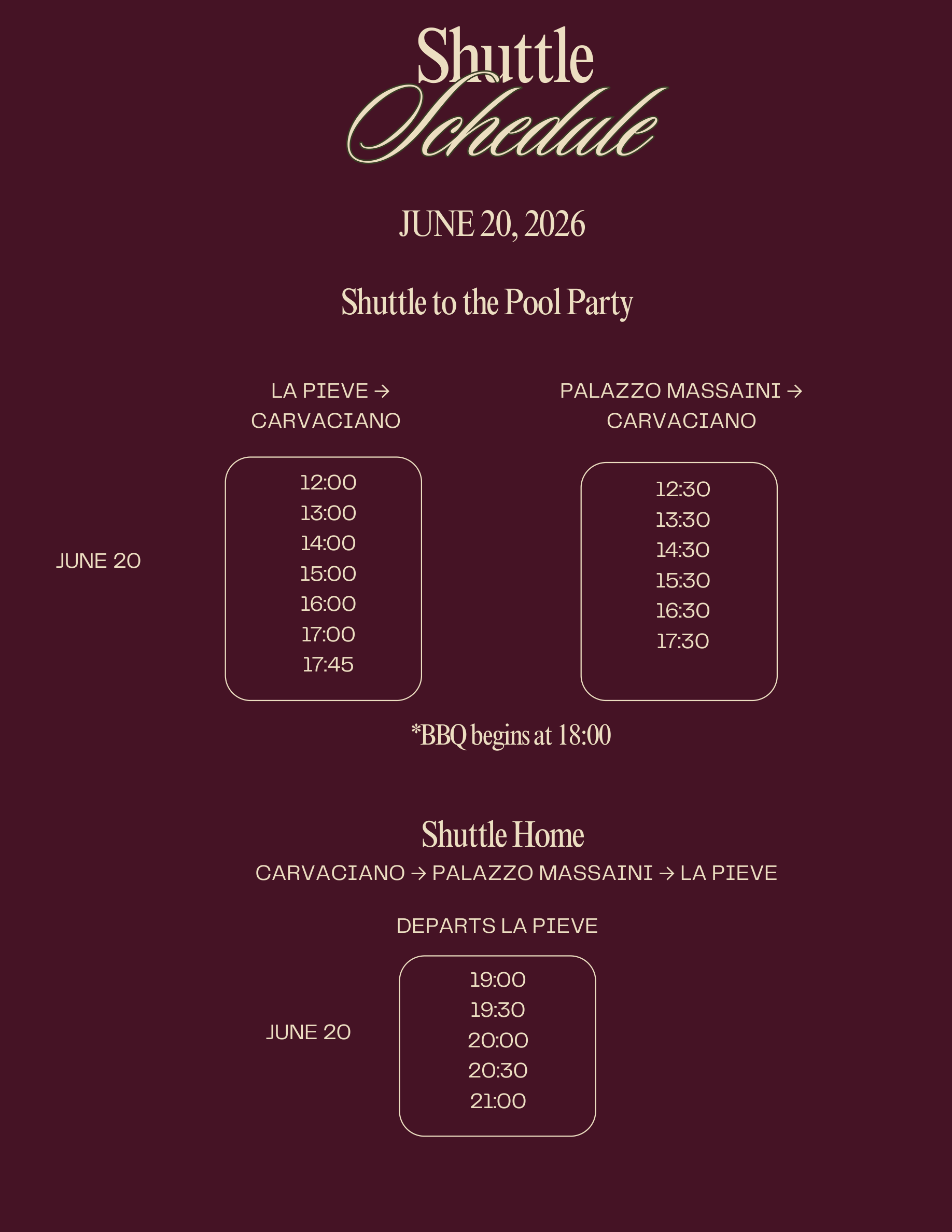 Shuttle schedule for Saturday, June 20 — BBQ and Pool Party
